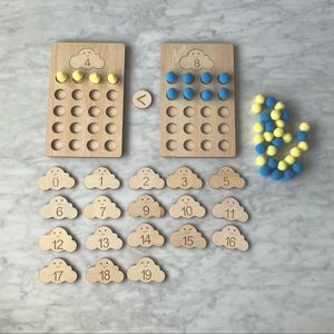 Montessori Wood Math Counting clouds with pouf balls
